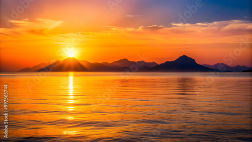 Sunset over the calm sea with a silhouette of mountains in the background, sunset, sea, ocean, mountains, silhouette, reflection