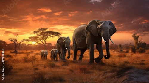 Elephant Family at Sunset in the Savanna