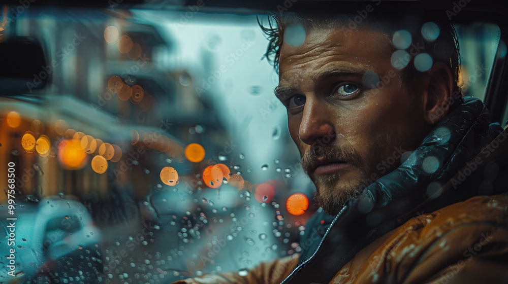 Moody Portrait of Man Through Rainy Car Window
Moody Portrait of Man Through Rainy Car Window