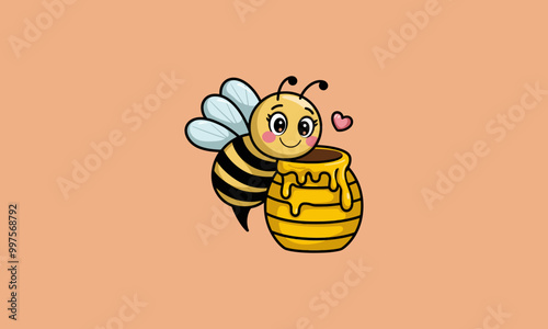 Cute bee hugging a honey jar with a heart symbol.