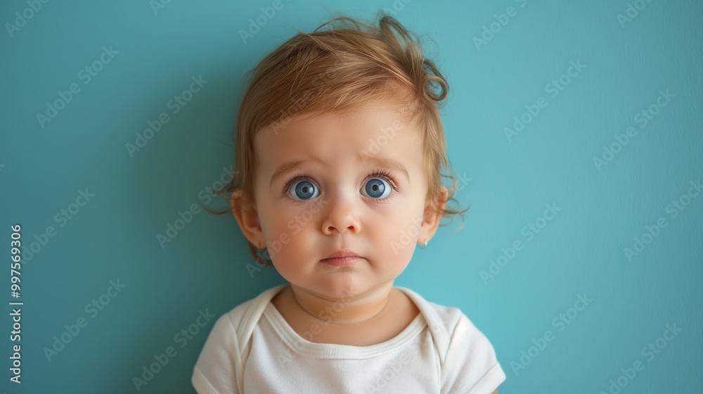 Innocent Baby Staring Ahead on Blue Innocent Baby Staring Ahead on Blue
