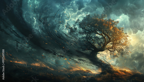  Enchanted Tree Amidst Turbulent Sky