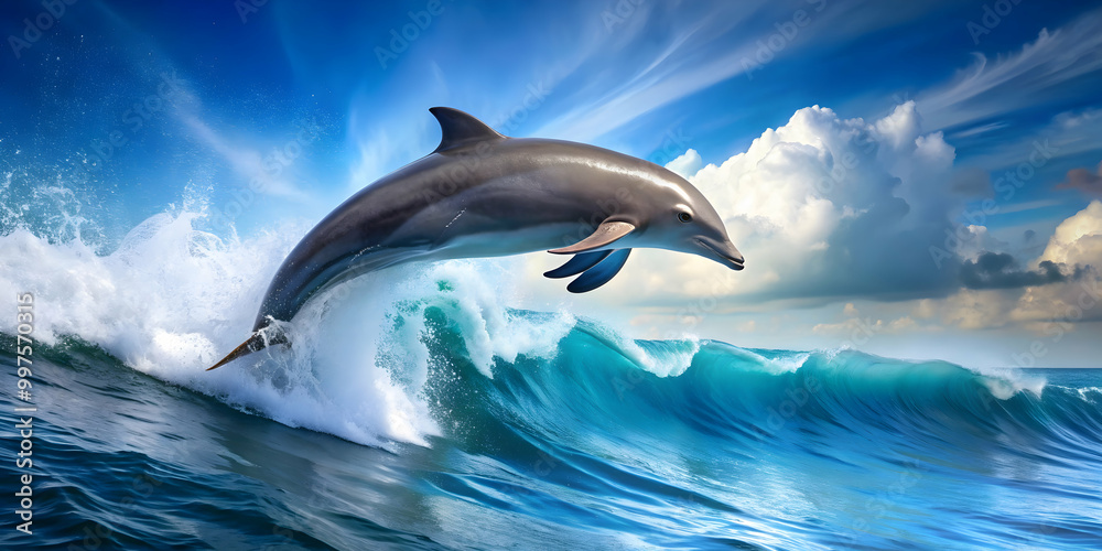 Naklejka premium Dolphin jumping gracefully out of blue ocean waves, dolphin, jumping, water, ocean, wildlife, marine life, graceful, beauty