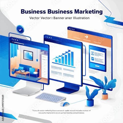 Vector banner illustration of business marketing. Workplace at home, in the office. Computer, PC. Update, download, improvements. Screen page. Settings, software. Blue on white background 