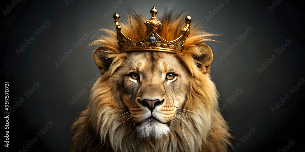 Naklejka premium Lion King in golden royal crown symbolizing power and luxury, lion, king, crown, golden, royal, power, luxury, animal