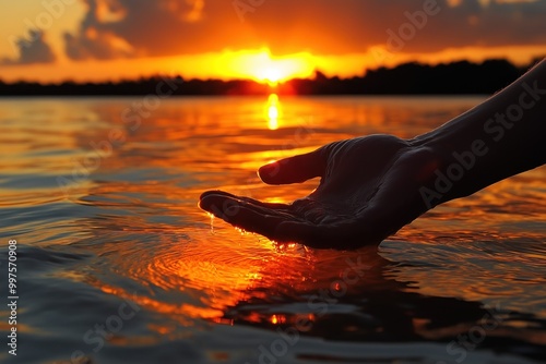 Mãos delicadas tocam a água calma, refletindo a beleza do pôr do sol. A imagem evoca sensações de paz, conexão com a natureza e a tranquilidade do momento presente