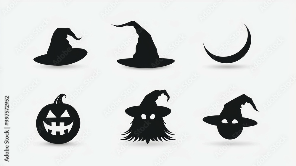A set of six Halloween hats, each with a pumpkin on the front A set of six Halloween hats, each with a pumpkin on the front