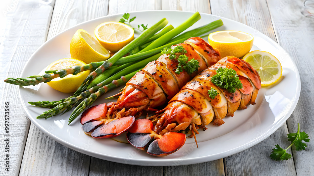 Grilled lobster tails with asparagus on a white plate , seafood, gourmet, delicious, elegant, fine dining, culinary, grilled Grilled lobster tails with asparagus on a white plate , seafood, gourmet, delicious, elegant, fine dining, culinary, grilled