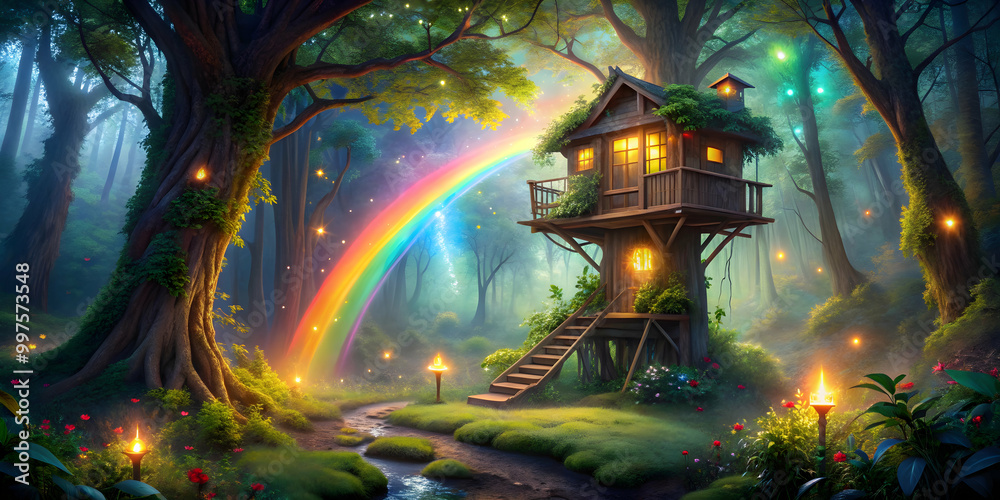 Fototapeta premium Enchanting treehouse in a magical forest with glowing lights, a rainbow