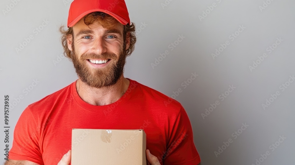Friendly Delivery Man Holding Package with Smile Friendly Delivery Man Holding Package with Smile