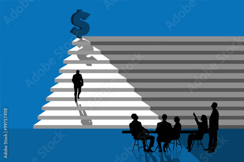 A business management team is seated at a table to cheer on their best salesman as he heads into battle to land a lucrative sale for the team. 
