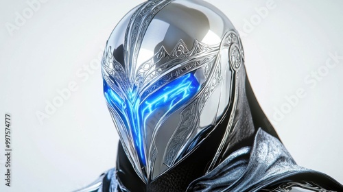 A futuristic armored knight with a sleek silver helmet and glowing blue accents, embodying strength and advanced technology.