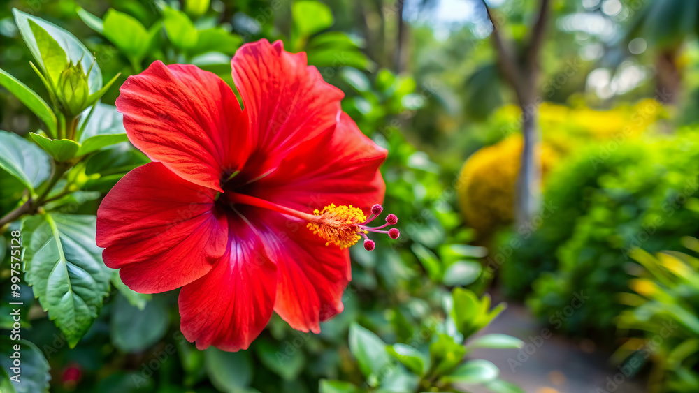 Vibrant red hibiscus flower standing out in a lush garden setting, red, hibiscus, flower, garden, vibrant, vivid, bloom, plant Vibrant red hibiscus flower standing out in a lush garden setting, red, hibiscus, flower, garden, vibrant, vivid, bloom, plant