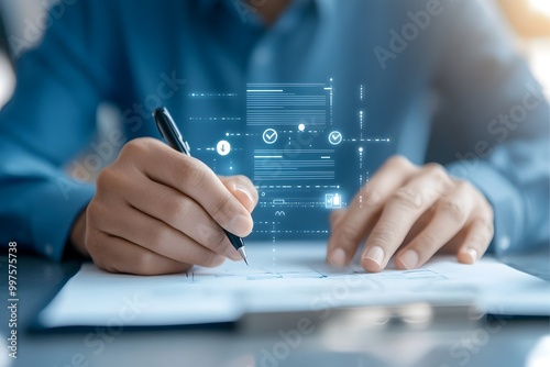 Image of a business professional reviewing digital documents and reports with a checkmark icon displayed captured in a commercial photo format following the rule of thirds composition photo