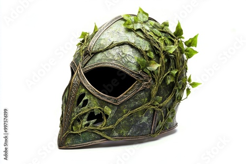 Intricate helmet design adorned with green vines and leaves, perfect for fantasy themes, costume design, or artistic projects. photo