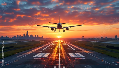 Sunrise Departure: Airplane Ascends Over Cityscape with Vibrant Sky, Inspiring Wanderlust and Travel Dreams photo