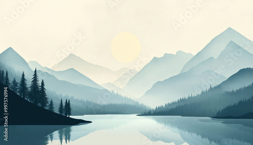 Simplistic illustrations of trees, mountains, and lakes with clean lines and muted colors for a calm, understated look