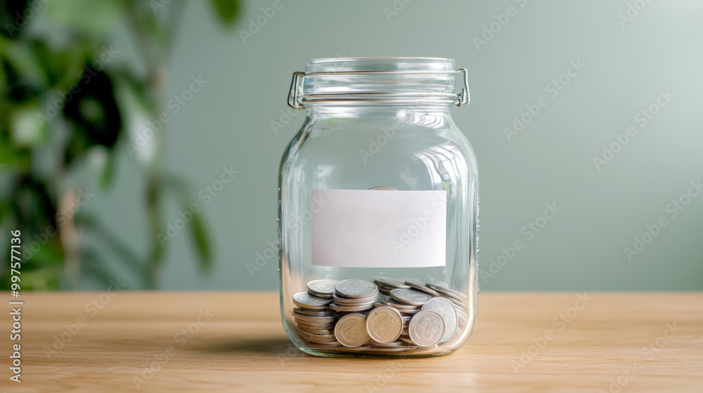 Savings Jar Filled with Coins on Wooden Table Savings Jar Filled with Coins on Wooden Table
