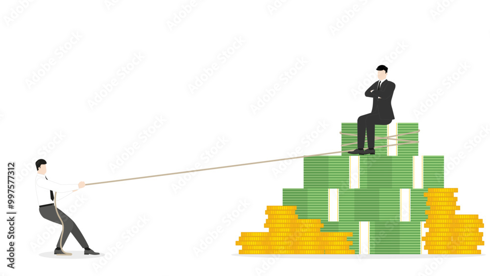 A company employee pulls a rope to money stack with a businessman sit on as boss. Challenge of job, business competition, hard working for position, market share, finance, and successful occupation A company employee pulls a rope to money stack with a businessman sit on as boss. Challenge of job, business competition, hard working for position, market share, finance, and successful occupation