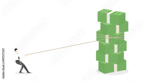 A businessman pulls a rope to money stack for grab banknotes. Challenge of job, business competition, hard working for position, company employee, salary growth, finance, and successful occupation
