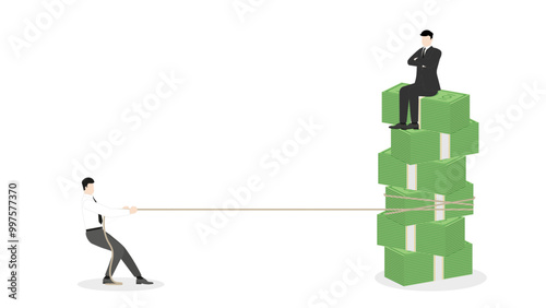 A company employee pulls a rope to money stack with a businessman sit on as boss. Challenge of job, business competition, hard working for position, market share, finance, and successful occupation