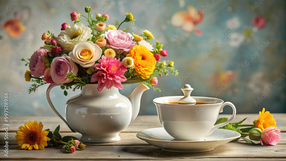 Still life arrangement with tea cup, saucer, teapot, and fresh flowers , tea, flowers, still life, arrangement, tea cup, saucer Still life arrangement with tea cup, saucer, teapot, and fresh flowers , tea, flowers, still life, arrangement, tea cup, saucer