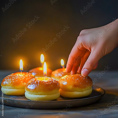 Close-up of a hand reaching for a sufganiot/sufganiyah - Jewish jelly doughnut, set against the backdrop of flickering Hanukkah candles	
 photo