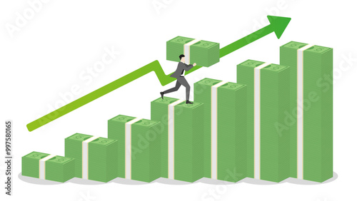 A businessman holds banknotes, runs on stack of money bar chart with green graph up. Extend investment in Bull Economy, economic success, financial management, capital market performance, and profit