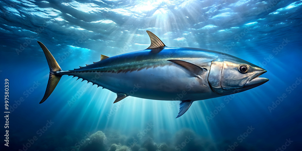 Fototapeta premium Large tuna fish suspended in the depths of the ocean after a successful deep-sea fishing expedition, tuna, fish, ocean