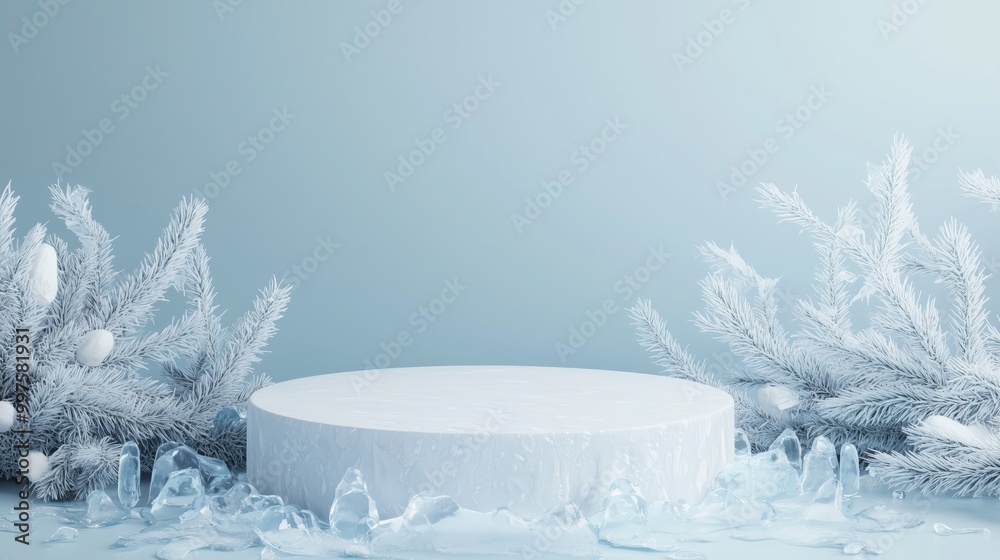 Fototapeta premium Sleek 3D Podium in Snowy Winter Landscape
