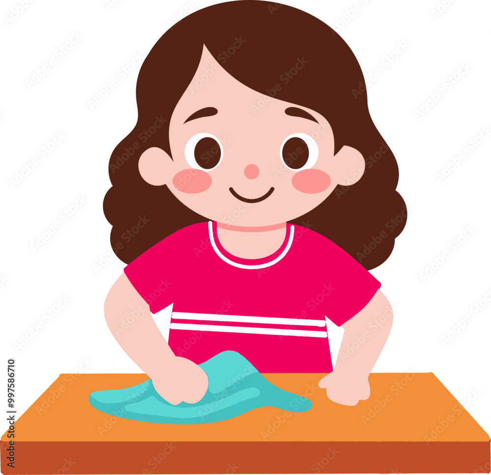 A flat illustration of a girl wiping a table with a cloth A flat illustration of a girl wiping a table with a cloth