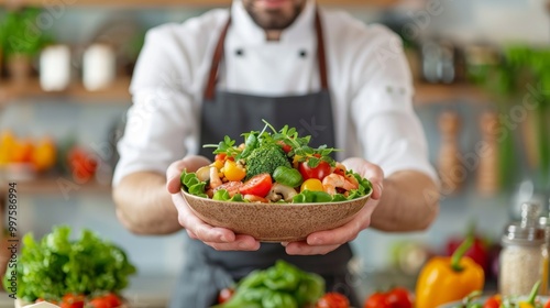 Chef presenting a fresh vegetable salad in a rustic bowl, vibrant kitchen background.