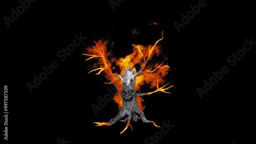 Burning Spooky Tree. Fire Effect Animation on Transparent Background Isolated 4K Video. Visual Effects and Motion Graphics Element.