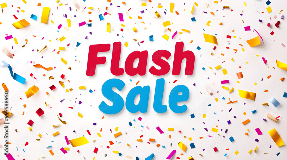 Bold Flash Sale text surrounded by colorful confetti, representing a celebratory sale Bold Flash Sale text surrounded by colorful confetti, representing a celebratory sale