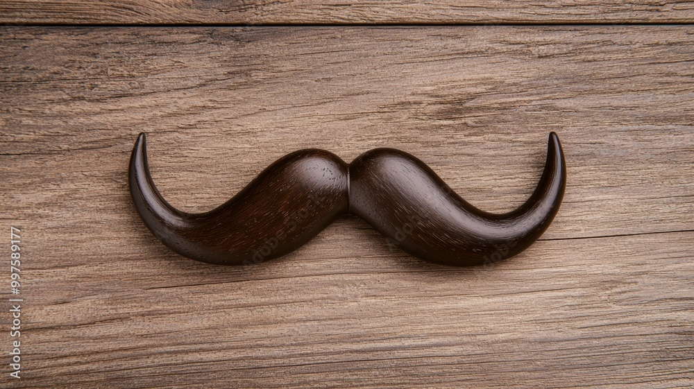 A mustache made of wood is on a wooden surface A mustache made of wood is on a wooden surface