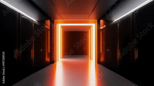 dramatic 4K 3D animation glowing orange neon door closing disappearing dark hallway futuristic abstract corridor rotating lines successthemed visual design ideal projects focusing business photo