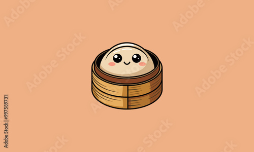 Cute dim sum in a bamboo steamer with smiling faces.