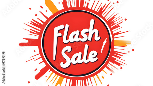 Flash Sale text inside a bright red circle with a white lightning bolt and dotted border photo