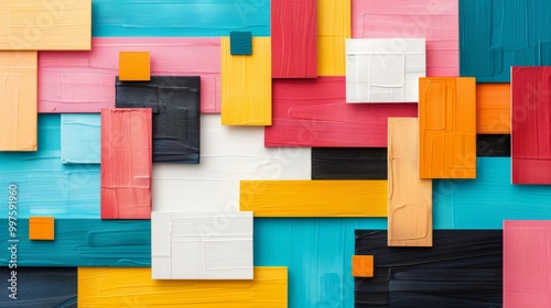 Colorful abstract composition of painted wooden blocks on a vibrant background. photo