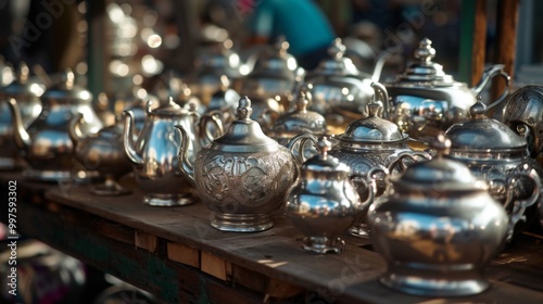 Ornate Silver Teapots Collection on Wooden Table