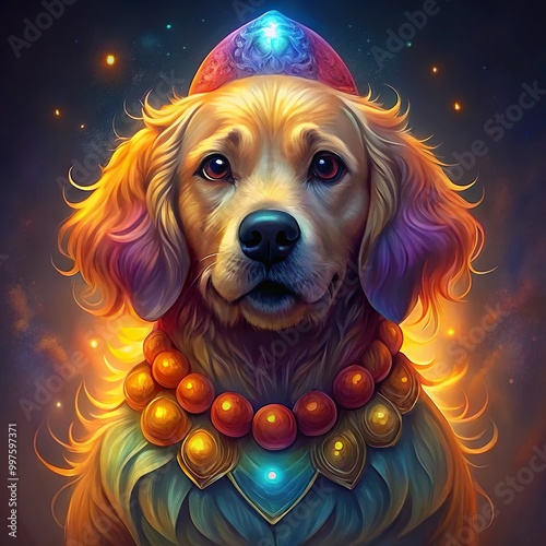 Golden Retriever wearing a clown wig and a colorful Halloween outfit.