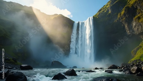 Powerful Waterfall with Rising Mist and Sunlight Waters in a Mountain Setting