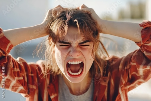 Person in a moment of raw emotion mouth open in a scream gripping head tightly dramatic red lighting casting shadows intense atmosphere surrounding them photo