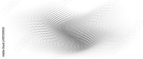 Flowing Wave Dot Halftone Pattern: Curve Gradient Shape on Transparent Background. Suitable for AI, Tech, Network, Digital, Science, and Technology Themes.