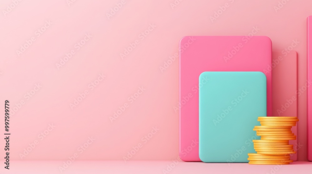 Colorful Digital Wallet and Coins on Pink Background Colorful Digital Wallet and Coins on Pink Background