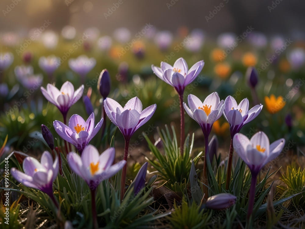 Purple Crocuses Blooming in a Field of Green Purple Crocuses Blooming in a Field of Green