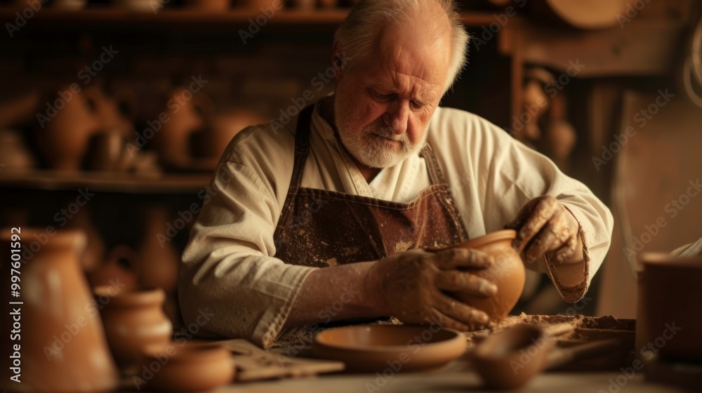 Pottery Artist Working on Clay in Workshop Pottery Artist Working on Clay in Workshop