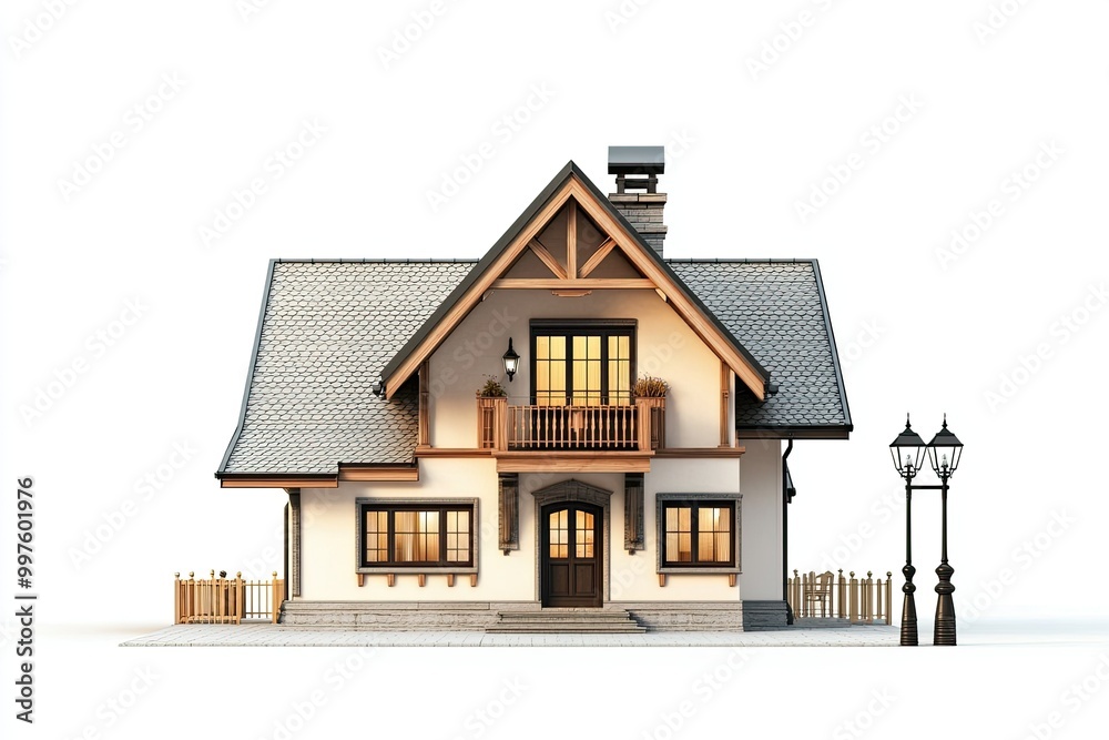 luxury classic apricot chalet house with classic garden lamp isolated on white background luxury classic apricot chalet house with classic garden lamp isolated on white background