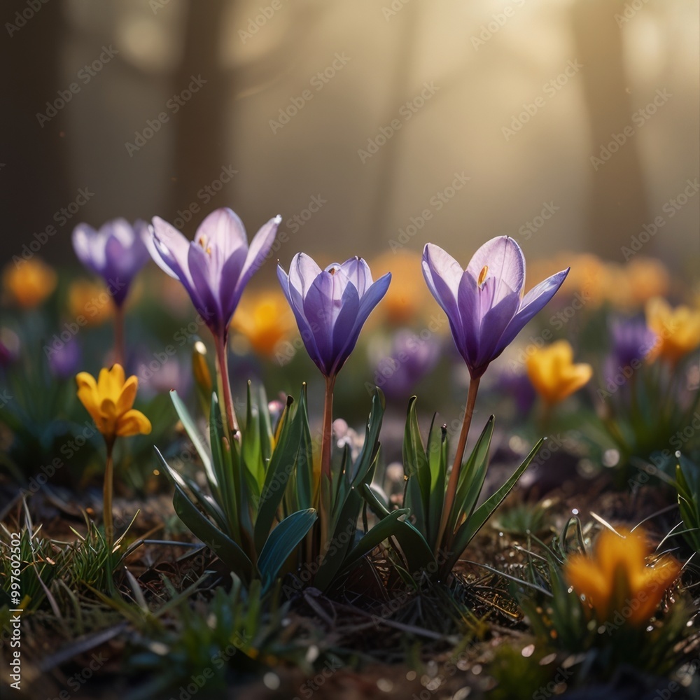 Purple Crocuses Blooming in a Field of Green Purple Crocuses Blooming in a Field of Green