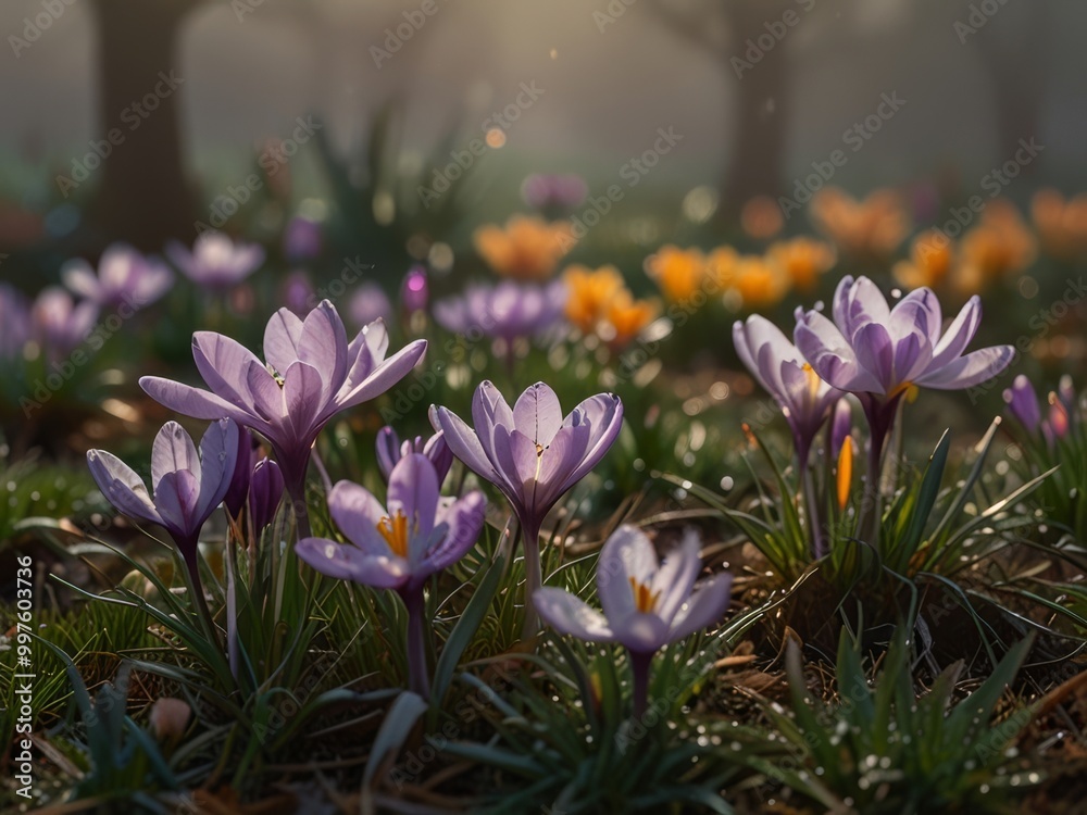 Purple Crocuses Blooming in a Field of Green Purple Crocuses Blooming in a Field of Green